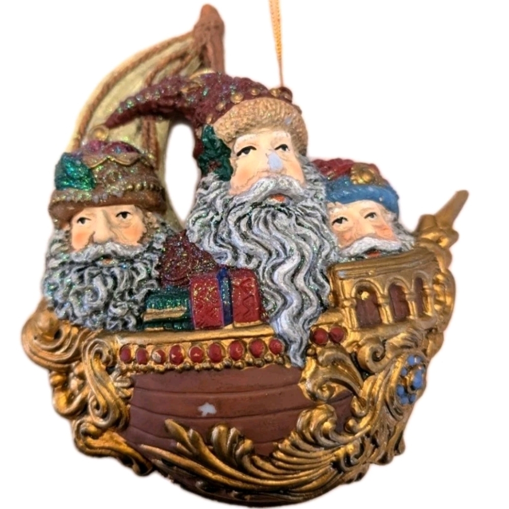 Vtg Santa Viking Ship Christmas Ornament 6 1/2" Nautical Old World Ocean
